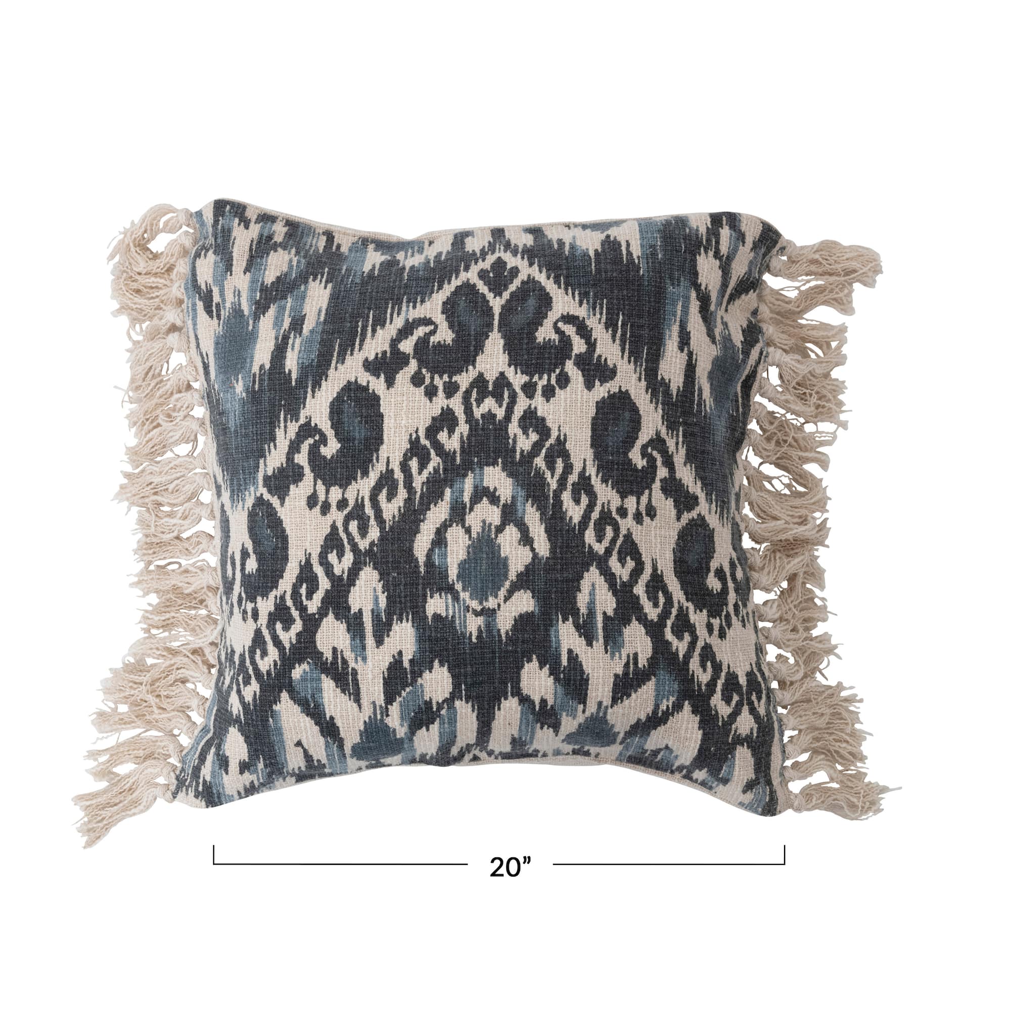Hello Honey® Blue Stonewashed Ikat Pattern Woven Cotton Blend Pillow with Fringe